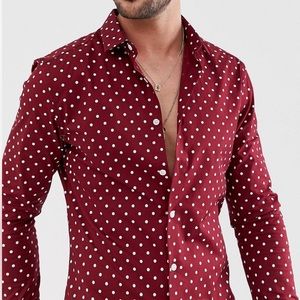 Men’s Skinny Fit Burgundy Polka-dot Shirt